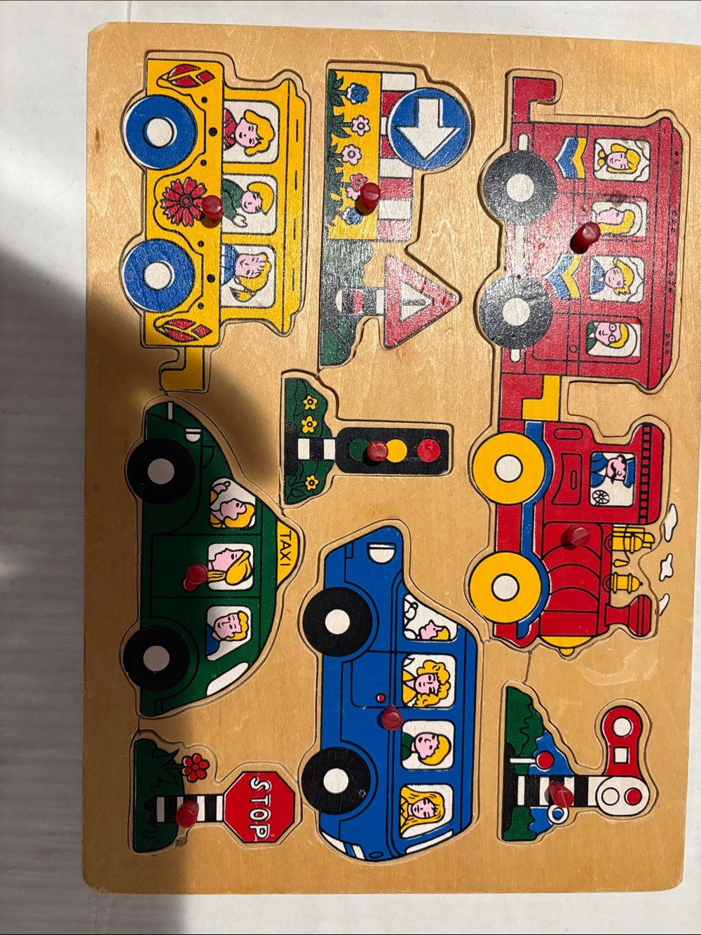 Kids Wooden Vehicle Peg Puzzle - Blue, Red, Yellow, Green